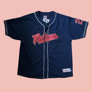 Vintage-style Redrum baseball jersey in navy with bold red lettering and white t
